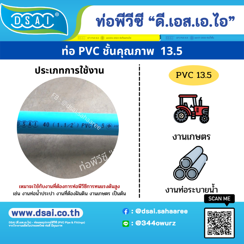 เลขบนท่อพีวีซีคืออะไร ชั้นคุณภาพของท่อพีวีซี ความหนาของท่อพีวีซี ท่อพีวีซี ( ท่อ PVC ) คืออะไร ตัวเลขที่ระบุชั้นคุณภาพ ( PVC 5 / PVC 8.5 / PVC 13.5 ) นั้นเป็นความสามารถในการทนแรงดันในการใช้งาน คือ ทนแรงดันได้ 5 บาร์ / 8.5 บาร์ / 13.5 บาร์